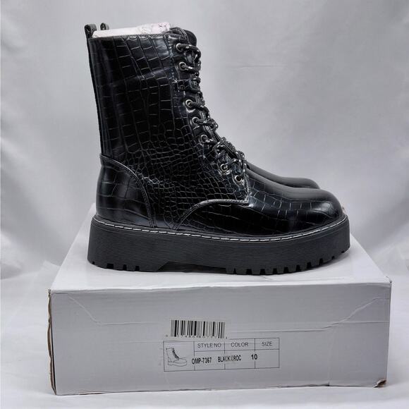 Olivia Miller Black Croc Combat Boot Women 10 Lace Up Platform Chunky Goth Biker - Picture 1 of 13